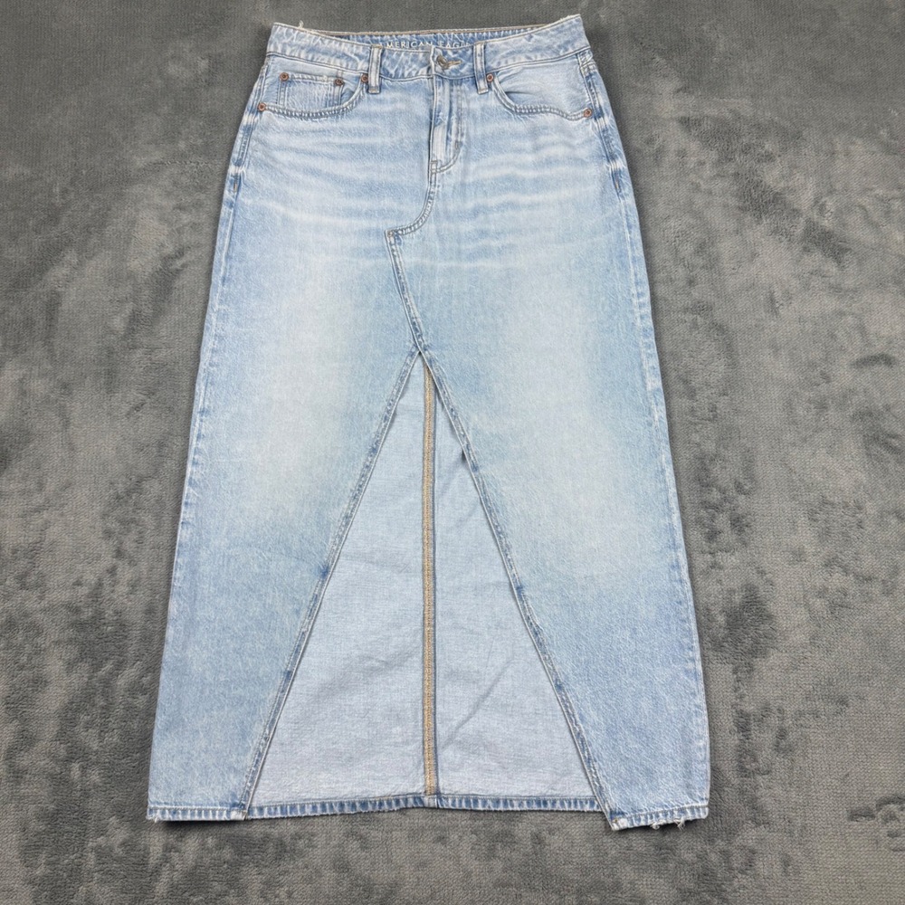 American Eagle Light Wash Denim Maxi Skirt Front Slit Size 2 Real Good Cotton